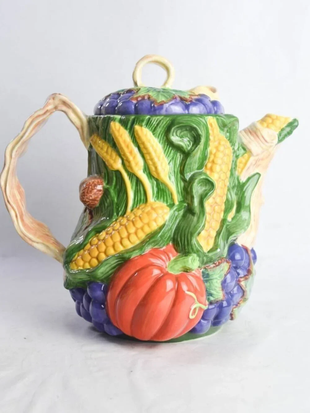 Flowers Inc Balloons Fall Harvest Ceramic Teapot Majolica Corn Grapes Pumpkin